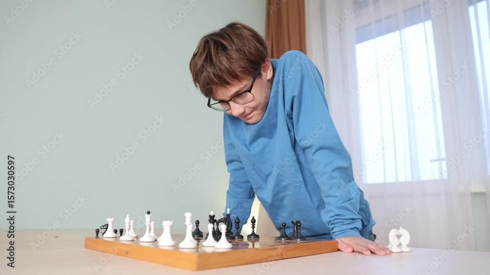  preteen boy with glasses plays chess at home.  Generation Z.  