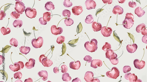 Watercolor background pattern cherries on white background
