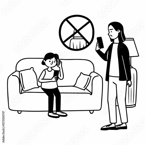 Family conflicts, punishment. Phone, parent, teen with discipline for child for limit of screen time