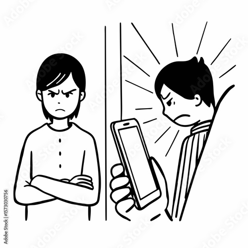 Family conflicts, punishment. Phone, parent, teen with discipline for child for limit of screen time