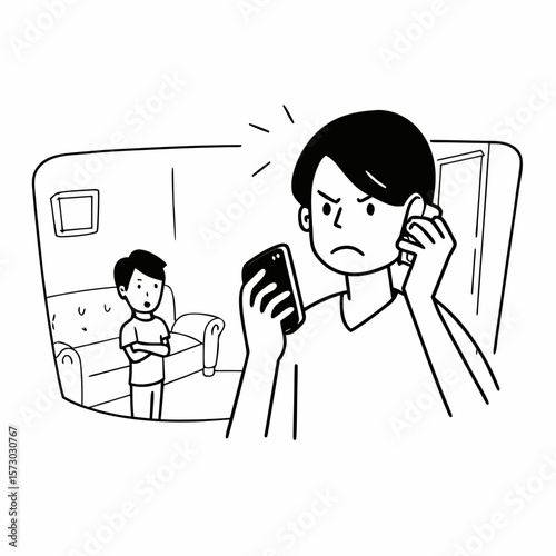 Family conflicts, punishment. Phone, parent, teen with discipline for child for limit of screen time