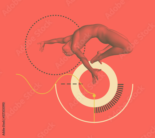 Jumping man. Man in zero gravity. Guy is flying or falling in the air. Art composition. Geometrical background. Vector for cover, card, brochure, presentation, etc.