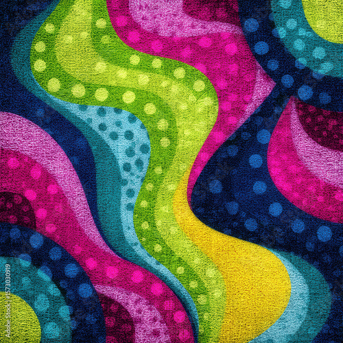 Colorful Seamless Pattern with Wavy Psychedelic Lines and Dots Creating a Vibrant Abstract Design