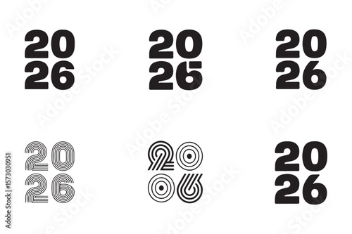 Six Variations of 2026 Year Number Designs Black Bold and Linear Styles White Background