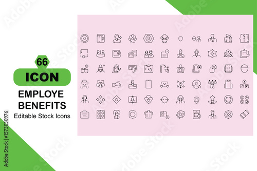 Sixty Six Employee Benefits Line Icons Set Editable Stock Icons Black White Green Pink Background