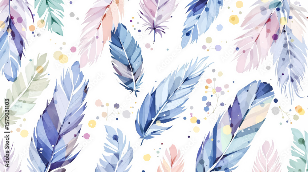 Watercolor feathers pattern on white background