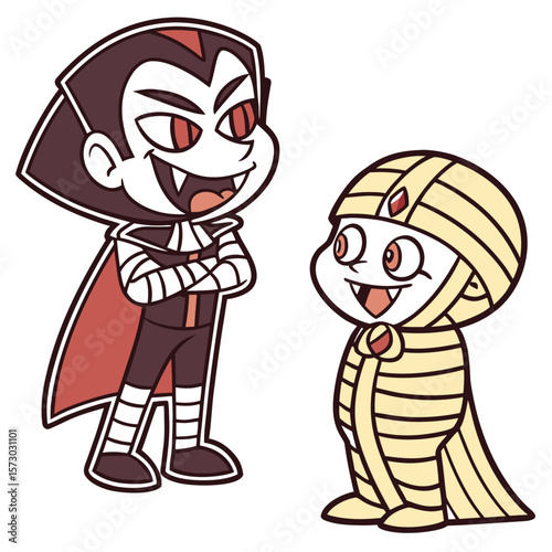 Cute cartoon vampire and mummy characters standing side by side representing halloween and spooky fun with a friendly and playful design suitable for children s themes and decorations