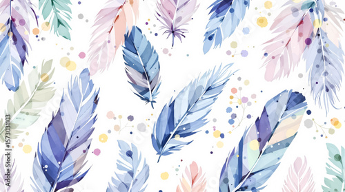 Watercolor feathers pattern on white background