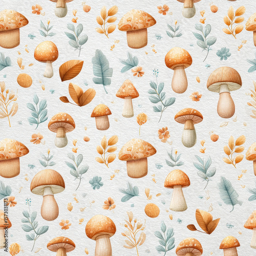 Whimsical Cottage Seamless Pattern with Colorful Mushrooms and Delicate Floral Elements for Background Design