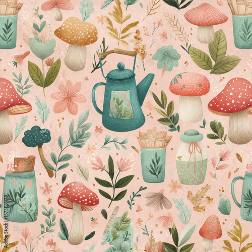 Whimsical Seamless Pattern Featuring Cottage Elements, Mushrooms, and Floral Designs in Soft Pastel Tones
