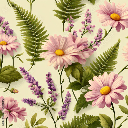 Seamless Pattern Featuring Wild Daisies, Lavender, and Fern on Soft Yellow Background for Elegant Design Projects