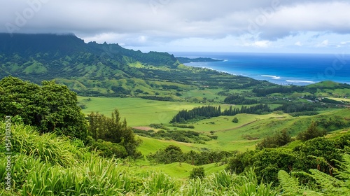 Lush green valley meets turquoise ocean under a cloudy sky; scenic vista of rolling hills, meadows, and coastline