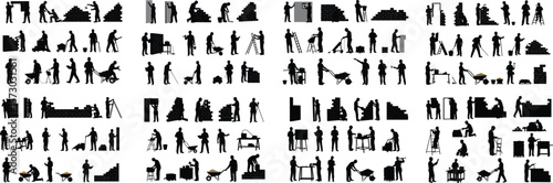 Collection of silhouettes of construction workers in various poses depicting labor and the construction process.