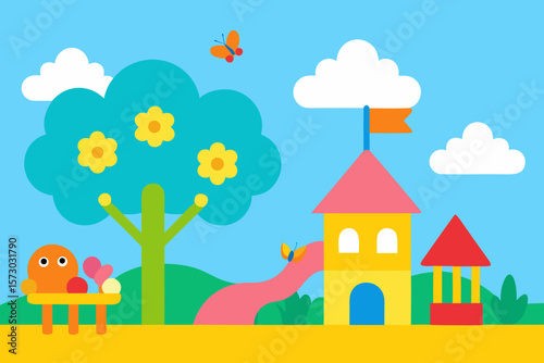 A picturesque cartoon house nestled in a vibrant forest landscape with clear sky and green grass, perfect for a peaceful country home illustration or nature design