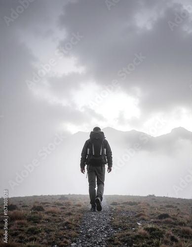 A man confidently walks along a rugged mountain trail, surrounded by breathtaking views of steep cliffs and lush greenery under a clear blue sky.