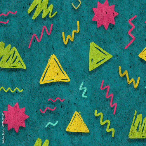 Colorful Seamless Pattern Featuring Zigzag Lines, Squiggles, Triangles, and Geometric Shapes on a Vibrant Background