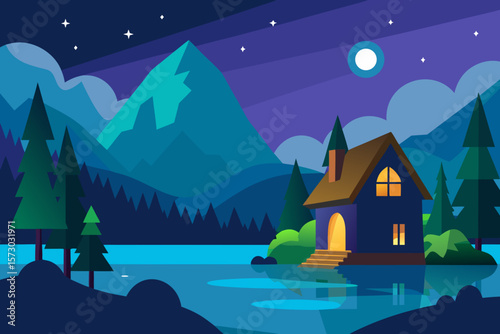 Christmas night landscape: a cozy village nestled in snow-covered mountains under a starry sky