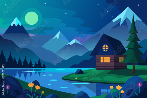 Night winter landscape with houses, trees, and snow, a perfect village scene for a Christmas holiday illustration