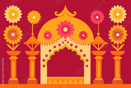 Thai temple architecture features an ancient golden window design, a decorative vector illustration of a sacred entrance