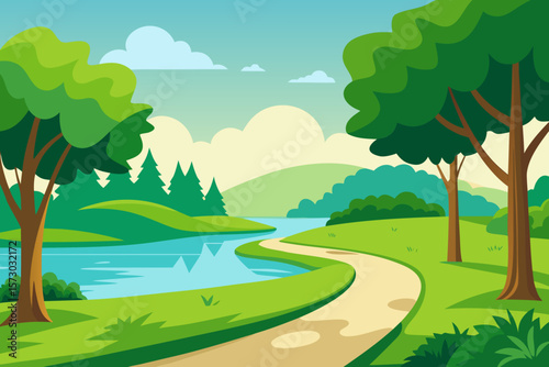 A vibrant summer landscape with a winding river, green trees, and distant hills under a blue sky