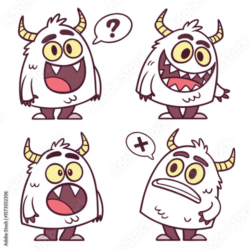 Four cute cartoon monsters with different expressions and speech bubbles showing a question mark and a cross mark representing confusion and disapproval