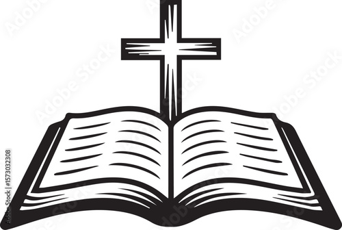 Open bible with cross on top.  A religious symbol of faith and spirituality.