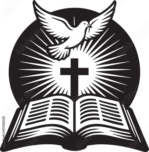 A monochrome graphic of a dove, cross, and open bible radiating light. It carries a potent emblem of faith, spirituality, and knowledge