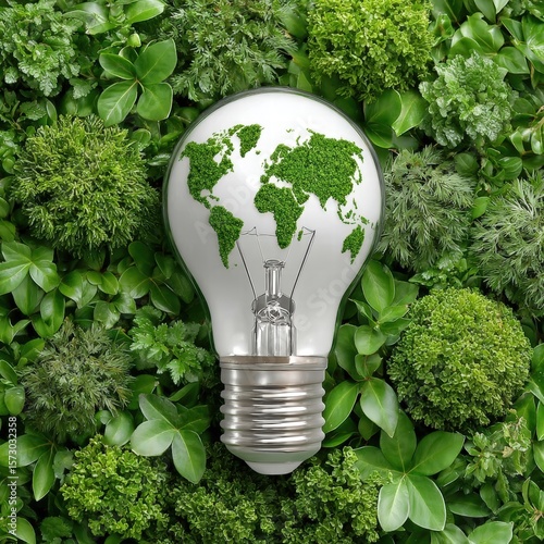 An eye-catching light bulb enclosing a green world inside, symbolizing sustainability and bright ideas in modern design