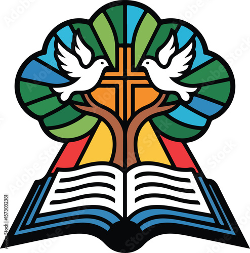 A symbolic image depicting faith, hope, and spirituality. A cross stands prominently at the center, with doves symbolizing peace. The bible represents knowledge.