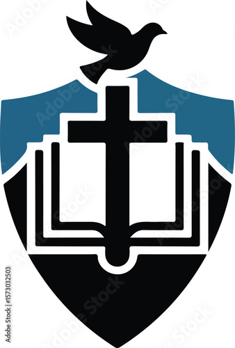 A symbolic emblem that features a cross, bible, and dove logo