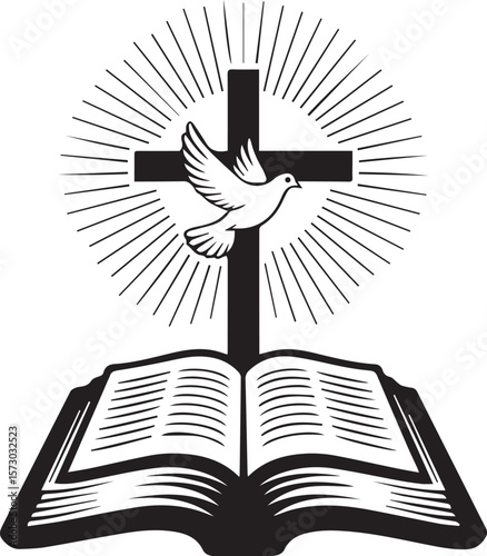 An illustration of a cross, a dove and an open bible, symbolizing faith, hope and spirituality logo