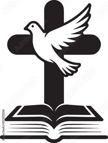 Dove descending on a cross above an open bible logo
