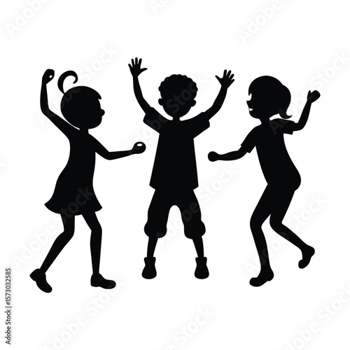 happy silhouettes of children playing and dancing clip art