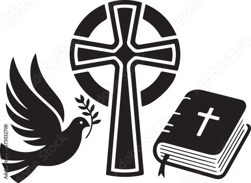 Christian religious symbols of cross, dove and bible logo transparent vector png 