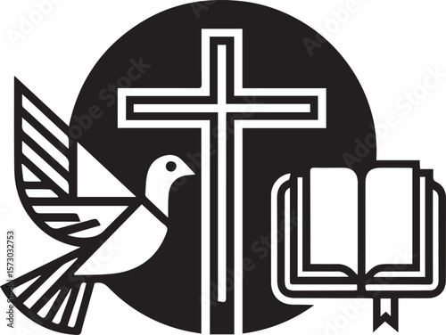 Christian religious symbols of cross, dove and bible logo transparent vector png 