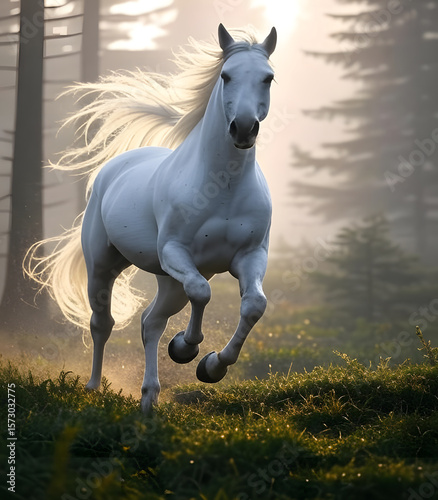 Majestic White Horse Running in Golden Sunset Forest – Nature & Wildlife Photography