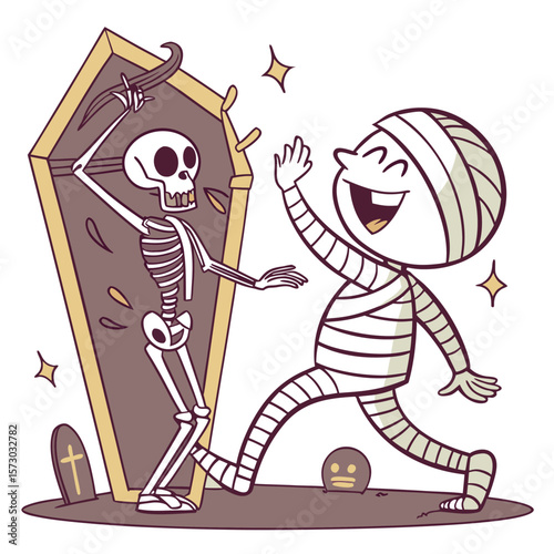 A cheerful cartoon mummy character enthusiastically waves hello to a skeleton emerging from a coffin on a spooky halloween night with a tombstone in the background