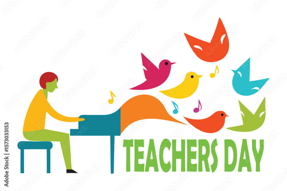 Fototapeta premium Colorful Music Teacher Piano Vector – Notes Turning into Birds Illustration.