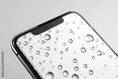 A close-up of a smartphone with a white screen, showing water droplets on its surface, as if just used in the rain, clean and fresh concept.