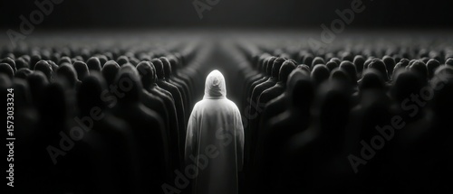 Solitary Figure Standing Out From Crowd: Hope, Leadership, Individuality, Breakthrough, Salvation Metaphor, Spiritual Journey, Light in Darkness Abstract Concept