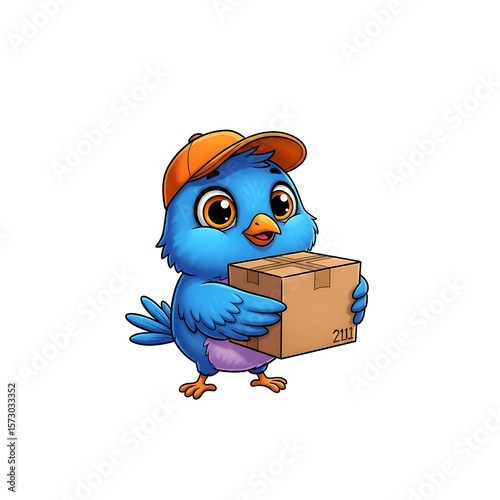Cute blue cartoon bird wearing an orange cap delivering a package