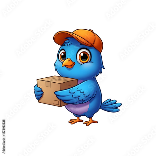 Cute cartoon blue bird wearing an orange cap holding a delivery package
