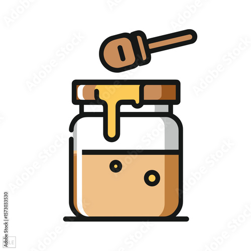 Vector icon, Simple vector-style illustration of a glass jar filled with golden-brown honey, wooden lid, dripping honey, honey dipper, minimalistic design, bold black outlines, white background,