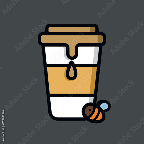 Vector icon, Stylized flat design illustration of a disposable coffee cup with brown lid, dripping liquid, white body, brown sleeve, hanging droplet, and cartoon bee with brown head,
