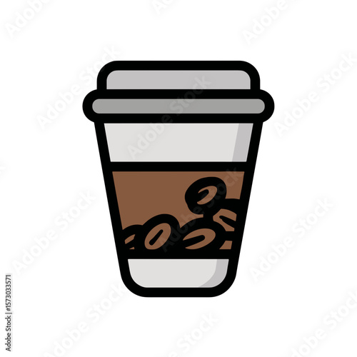 Vector icon,Stylized disposable coffee cup with black outline, white body, gray lid, brown band, and coffee bean shapes on plain white background.