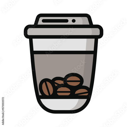 Vector icon,Minimalistic black-outlined disposable coffee cup with light gray lid, circular vent, horizontal slot, white body, transparent section showcasing brown coffee beans 