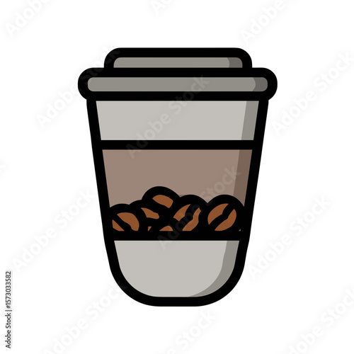 Vector icon, Minimalistic black-outlined disposable coffee cup with light gray lid, circular vent, horizontal slot, white body, 