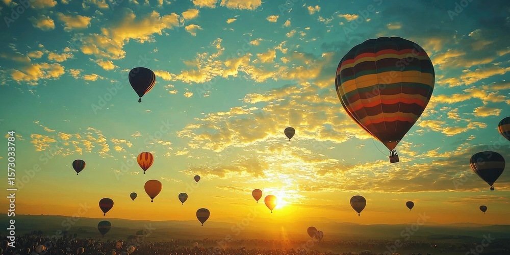 Naklejka premium A time-lapse of balloons rising with the sun