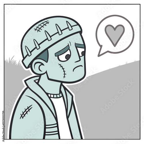 A lonely cartoon frankenstein monster with stitches and bolts on his head looks sad with a thought bubble containing a heart longing for love and companionship