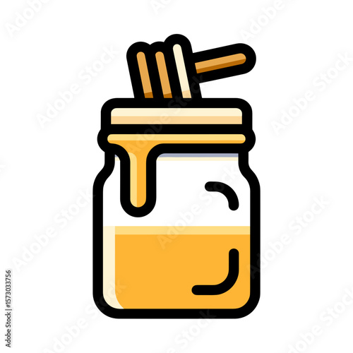 Vector icon, Stylized glass jar filled with golden honey, dripping down the side, featuring a light-colored lid and wooden honey dipper resting on top, bold black outlines, flat colors,